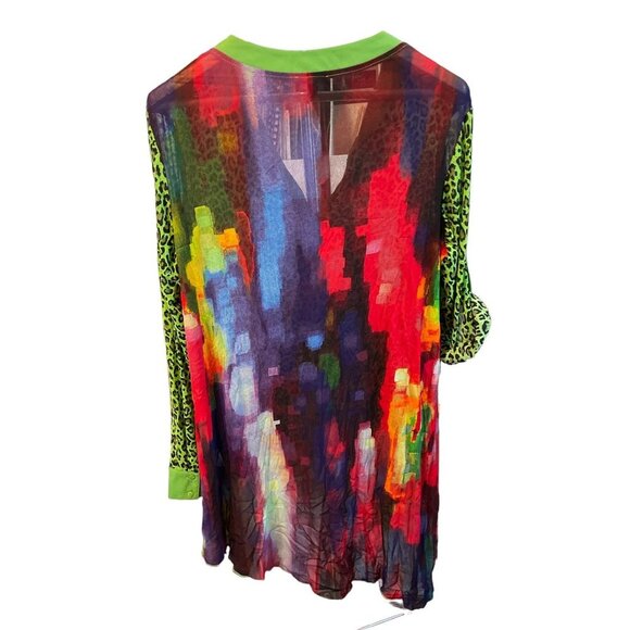 Dor Dor Couture Multicolor Hi Lo Hem Artsy Sheer Tunic Blouse Top Sz XL - Picture 2 of 11